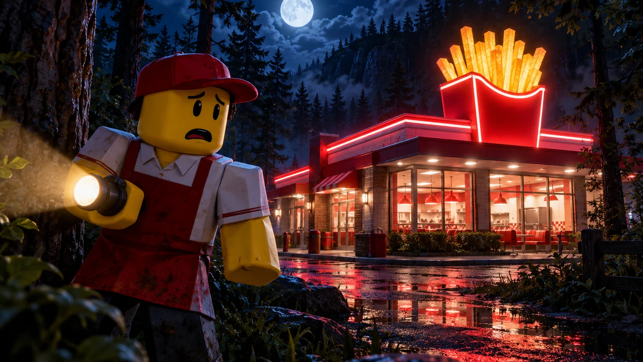 Illustrated night scene of the Sell Fries shop