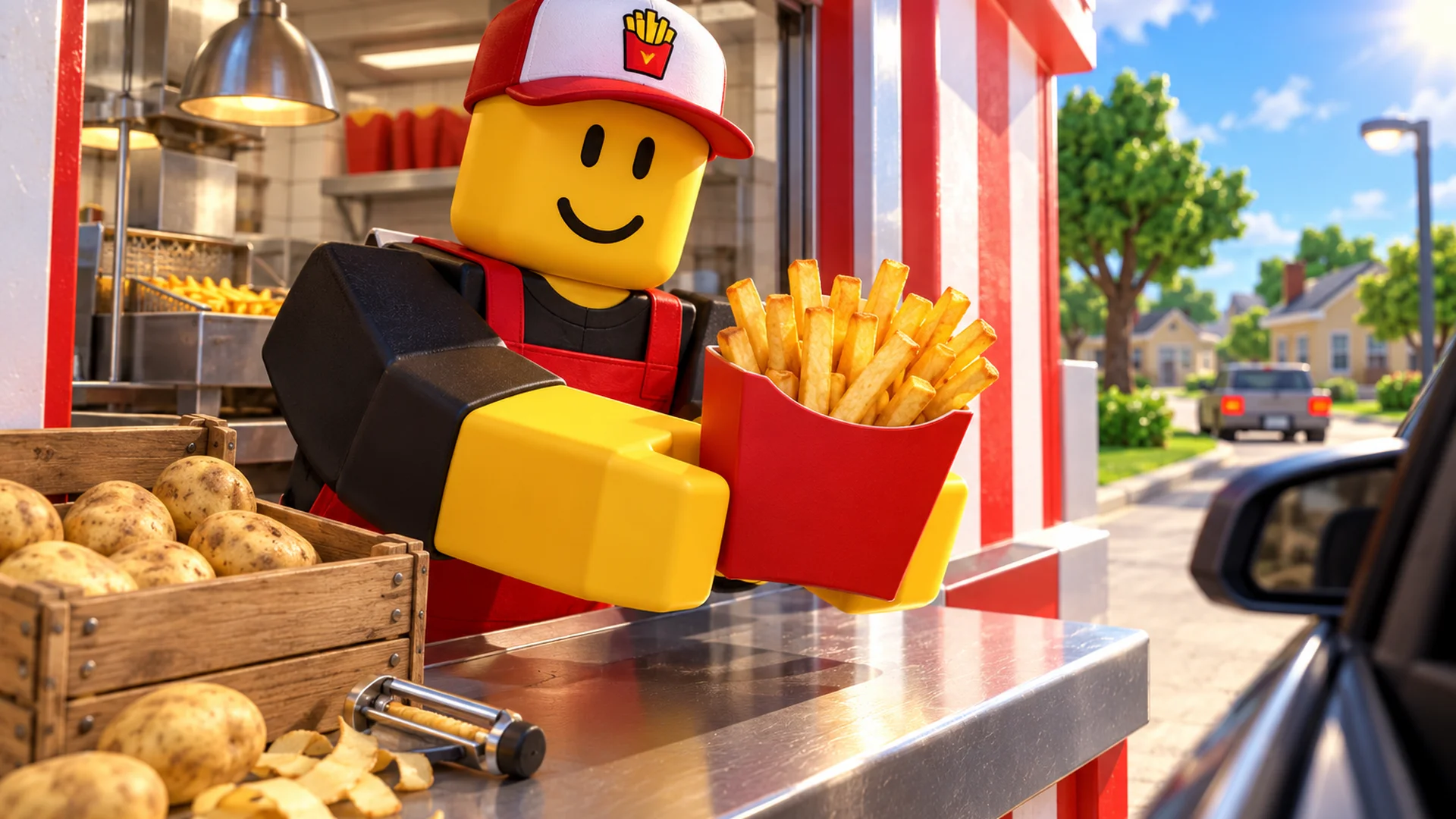 Sell Fries drive-thru with a blocky cook holding a carton of fries
